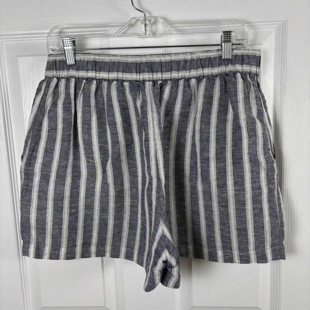 Christian Siriano Linen Shorts Womens L Navy White Striped Elastic Waist Coastal